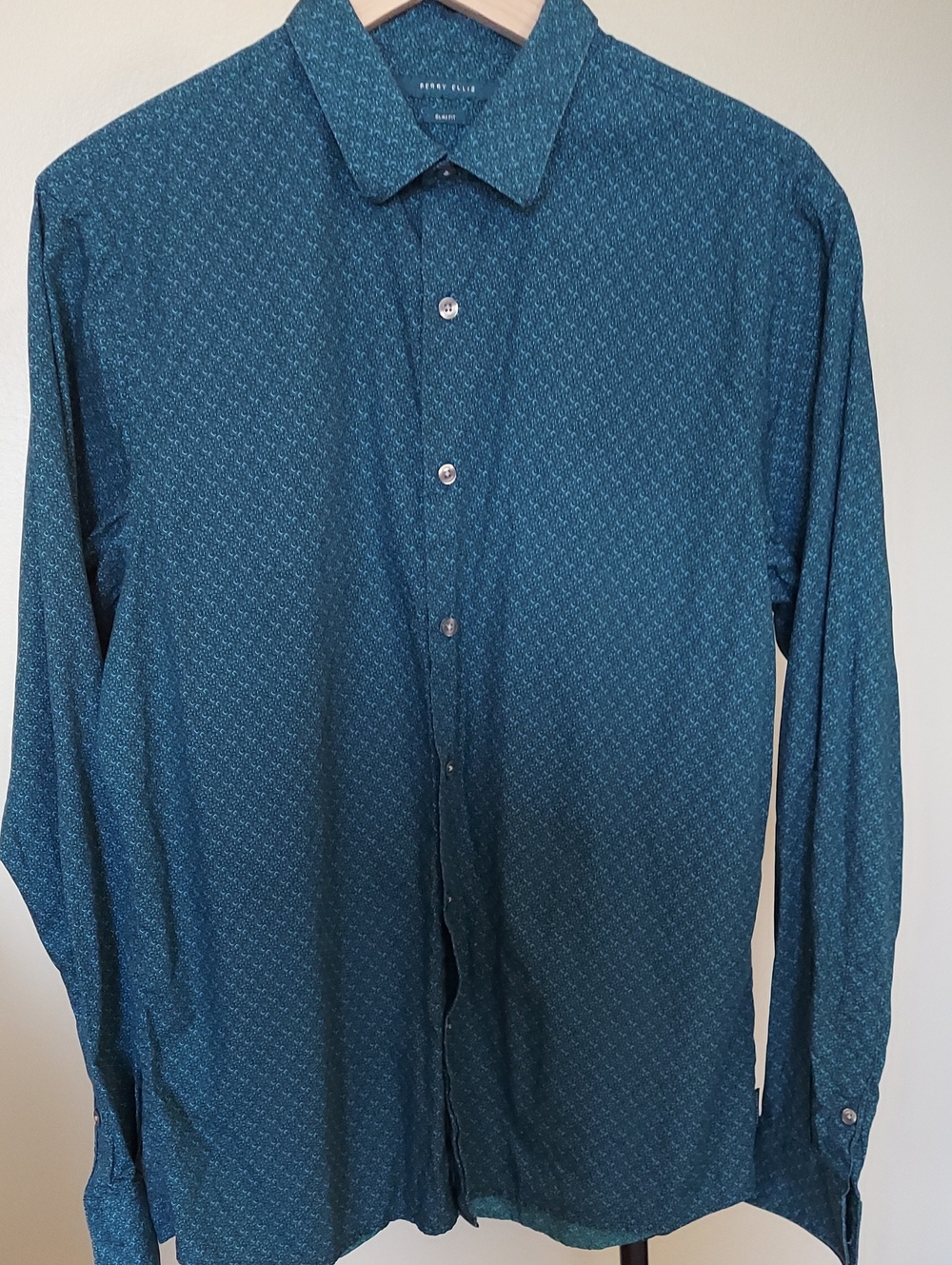 Perry Ellis Slim Fit Geometric Print Long Sleeve  Shirt Sz L Blue - Green